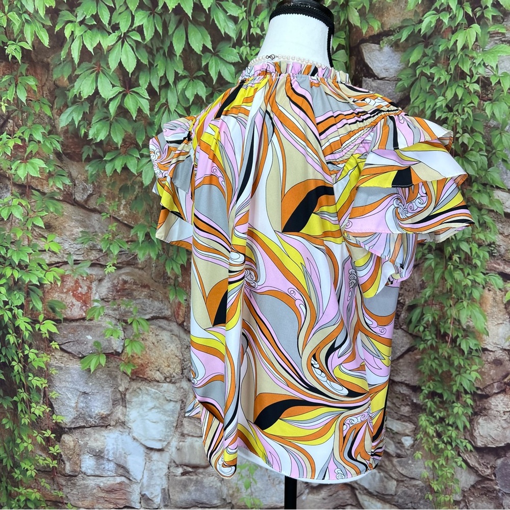 BEFORE YOU WITH LOVE Retro 60s Pattern Multicolor Ruffle Sleeve Blouse, S - Picture 8 of 10